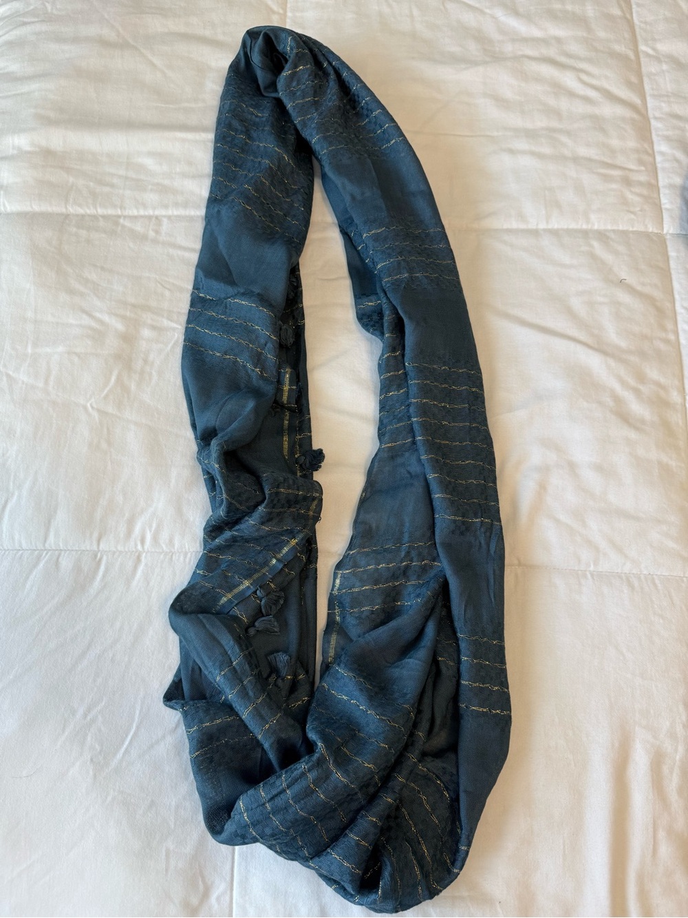 Anthropologie Blue Tasseled Infinity Scarf with Gold Metallic Thread - Picture 5 of 5